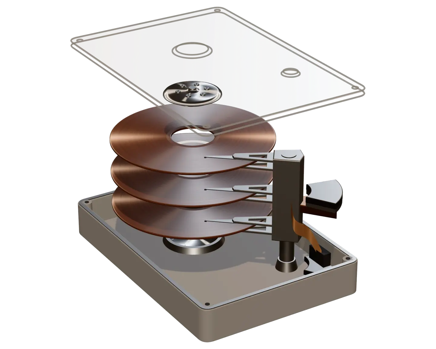 Rendering of a hard disk taken apart along its spindle: the base, the motor, three glossy brown platters, the clamp and, highest, the cover drawn in outline; the arms of the head stack reach over the platters.